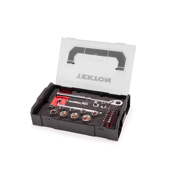 3/8 in. Drive 6-Point Socket, Bit, and Ratchet Set with Mini Stacking Tool Box (32-Piece)