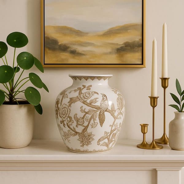 10.25 in. Brown/White Ceramic Amphora Decorative Chinoiserie Flower Vase