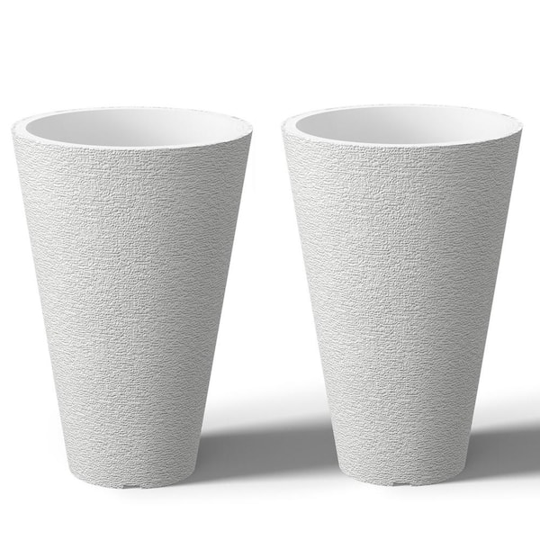 Large and Tall 15in. High Round Frost White Plastic Planter Pots for Indoor/Outdoor Plants Set of 2