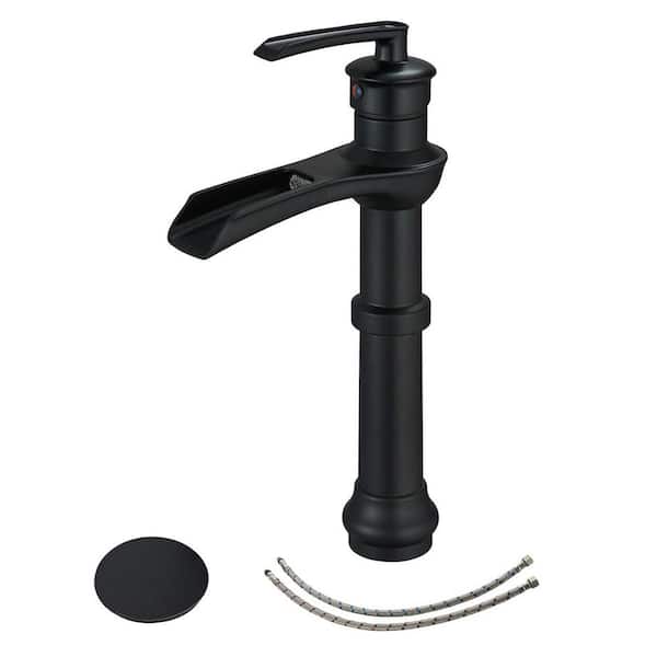FLG Single Handle Single Hole Waterfall Bathroom Vessel Sink Faucet Tall Taps with Pop-Up Drain Assembly Kit in Matte Black