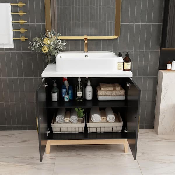 31.6 in. W x 19 in. D x 31.3 in. H Single Sink Free Standing Bath Vanity in Black with White Ceramics Top without Mirror
