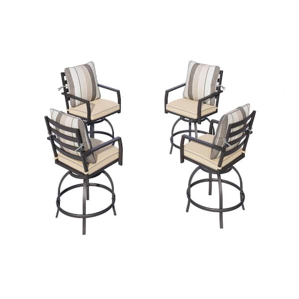 Swivel Metal Outdoor Bar Stools with Beige Cushion (4-Pack)