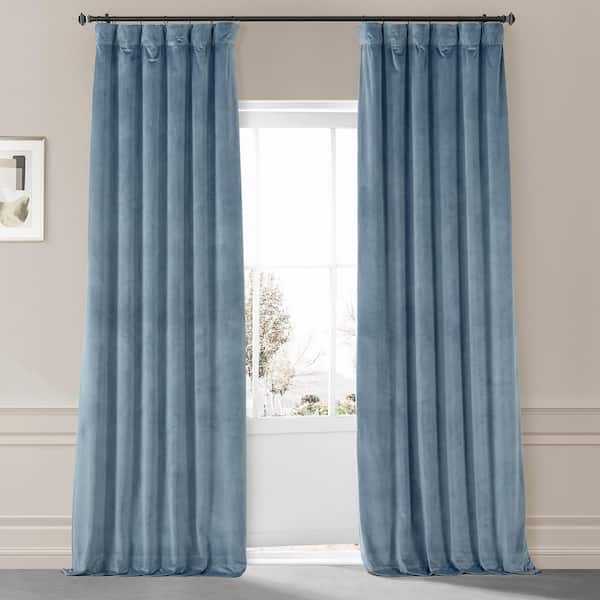 Exclusive Fabrics & Furnishings Signature Copenhagan Blue Plush Velvet Hotel Blackout Rod Pocket Curtain - 50 in. W x 84 in. L (1 Panel)