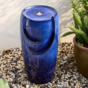 29.25 in. H Oversized Cobalt Blue Ceramic Pot Fountain with Pump and LED Light