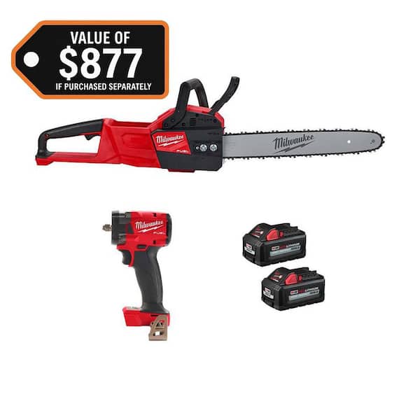 M18 FUEL 16 in. 18V Brushless Battery Electric Chainsaw w/3/8 in. Compact Impact Wrench w/Friction Ring Two 6Ah
