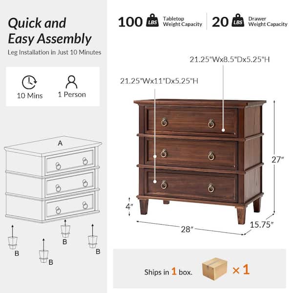JAYDEN CREATION Olinto Walnut 3-Drawer 28 in. W Nightstand