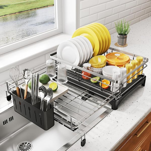 Numhew 12.2 in. to 21.7 in. Silver Extendable Dish Rack, Dish Drying Rack, Stainless Steel Dish Strainer with Utensil Holder