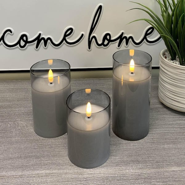 HEMSLY INC Gray Mirrored Glass LED Flameless Pillar Candles (Set of 3)