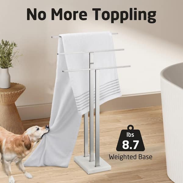 Bathroom Freestanding Towel Rack 3-Tier with Heavy Marble Base in Brushed Finish