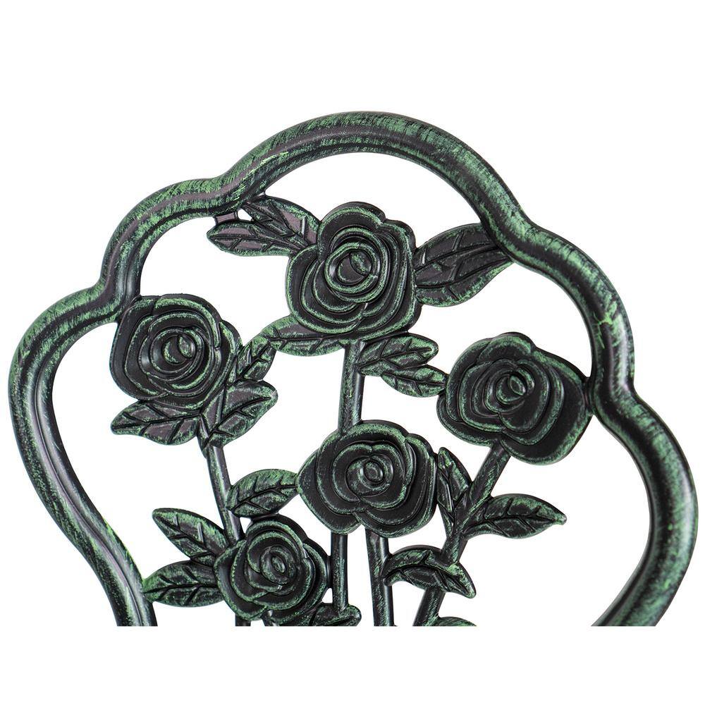 Verdigris Cast Iron and Aluminum Rose Pattern Bistro Set