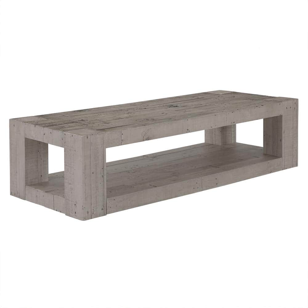 Distressed Gray Reclaimed Pine Rectangular Coffee Table with Shelf