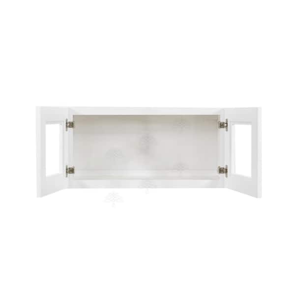 Lancaster White Plywood Shaker Stock Assembled Wall Glass Door Kitchen Cabinet 30 in. W x 18 in. H x 12 in. D