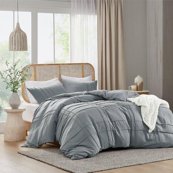 510 Design Porter 3-Piece Blue/Grey Microfiber Queen Soft Washed Pleated Duvet Cover Set