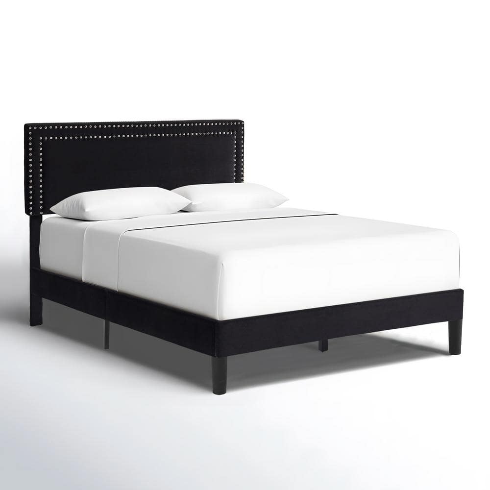VECELO Upholstered Bed Black Metal Frame Queen Platform Bed