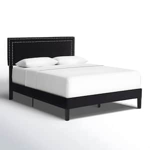 Upholstered Bed Black Metal Frame Queen Platform Bed with Adjustable Headboard, No Box Spring Needed Bed Frame