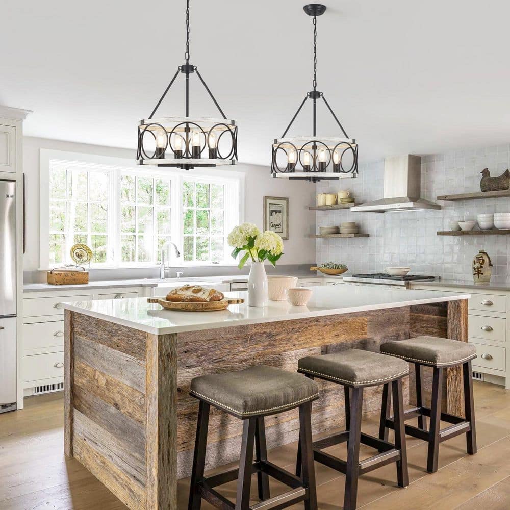 Boswell Quarter 4 Light Black/Distressed White Drum Farmhouse Chandelier for Kitchen Island with No Bulbs Included price history on PriceWatchPro