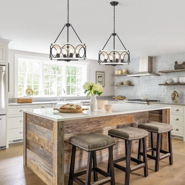 Boswell Quarter 4 Light Black/Distressed White Drum Farmhouse Chandelier for Kitchen Island with No Bulbs Included