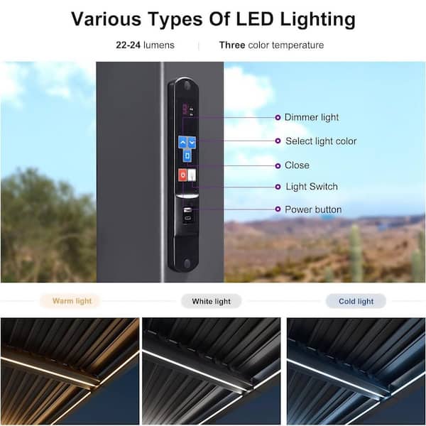 10.2 ft. x 12.3 ft. Gray Aluminum Outdoor Louvered Pergola with 2-Individual Adjustable Sunshade Roofs and LED Lights
