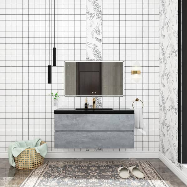 Unbranded 48 in. W Single Sink Wall-Mounted Bathroom Vanity in Cement Grey with Matte Black Quartz Sand Top