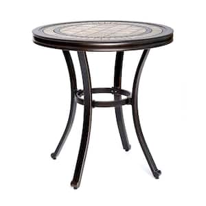28 in. Dia x 28.6 in. H Black Gold Round Aluminum Outdoor Dining Table Bistro Table with Porcelain Mosaic Tile top