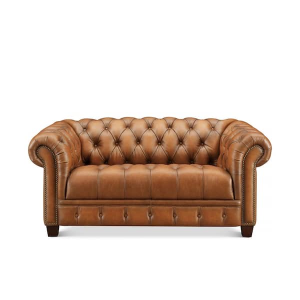 York 70 in. Saddle Brown Top Grain Leather 2-Seater Loveseat with Roll Arms, Memory Foam, Pocket Coils, and Down