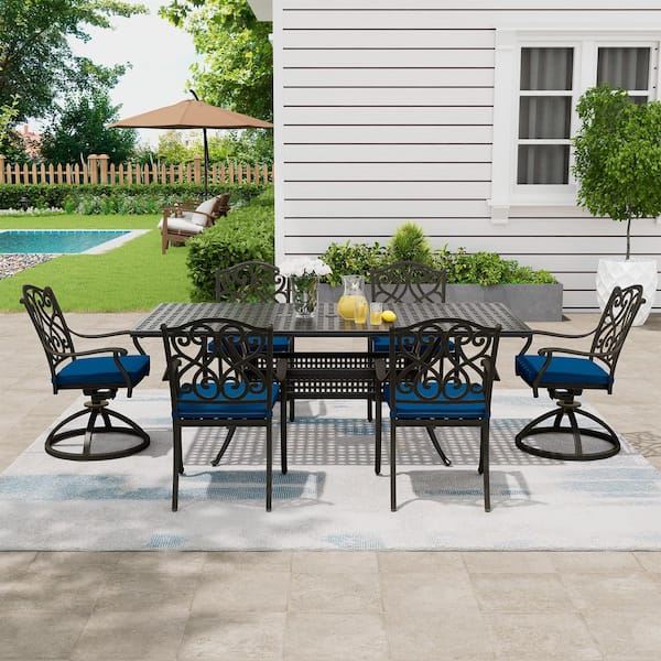80 in. W x 38 in. D Black Cast Aluminum Outdoor Patio Grid Style Expandable Rectangular Dining Table with Umbrella Hole