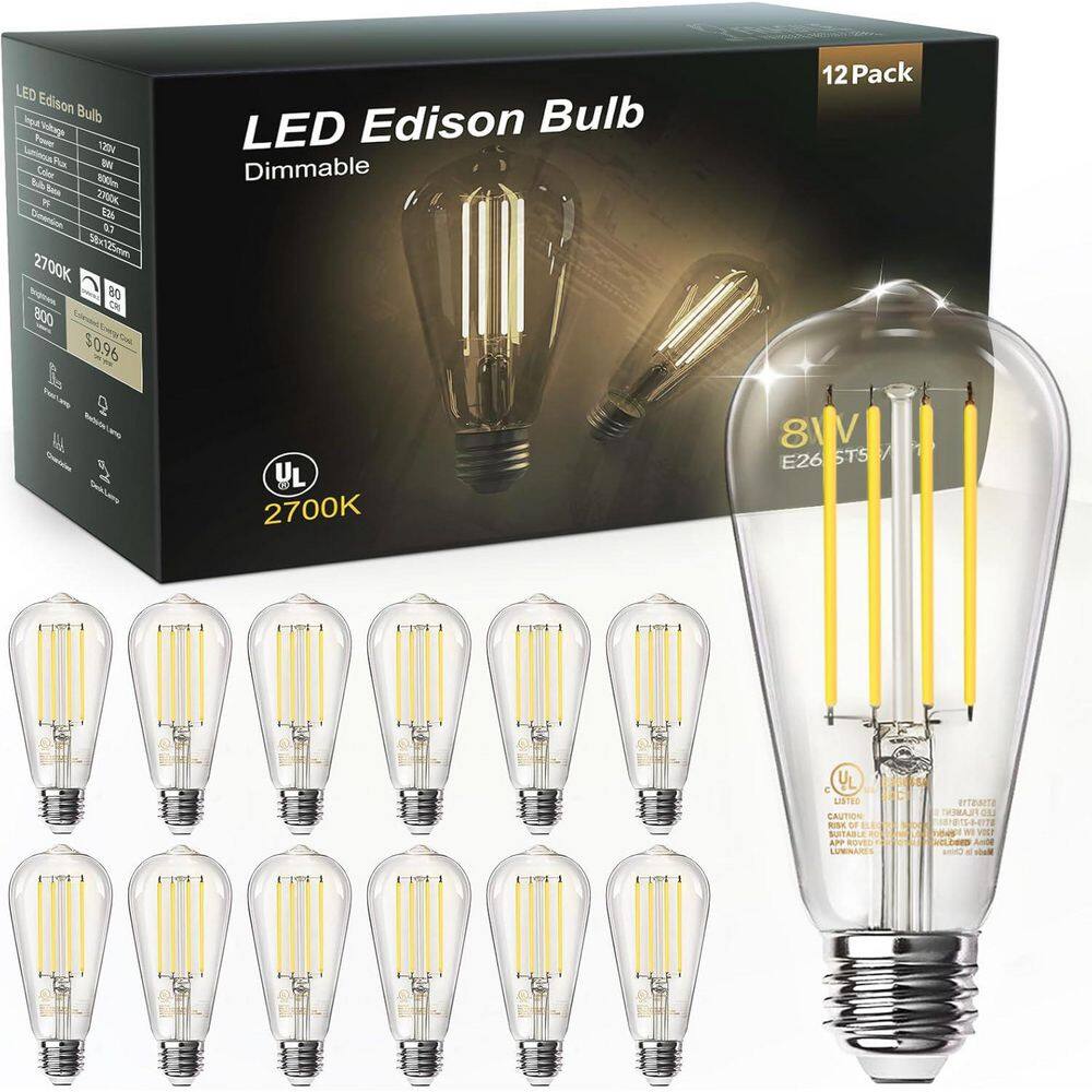 60-Watt Equivalent ST58 Dimmable Straight Filament Clear Glass E26 Vintage Edison LED Light Bulb, Soft White (12-Pack) price history on PriceWatchPro