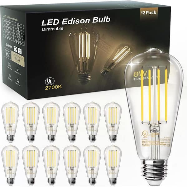 60-Watt Equivalent ST58 Dimmable Straight Filament Clear Glass E26 Vintage Edison LED Light Bulb, Soft White (12-Pack)