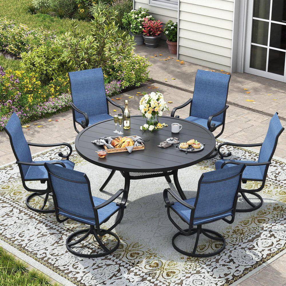 7-Piece Metal Patio Dining Set with 47.2 in. Black Round Dining Table and 6 Blue Textilene Swivel Chairs