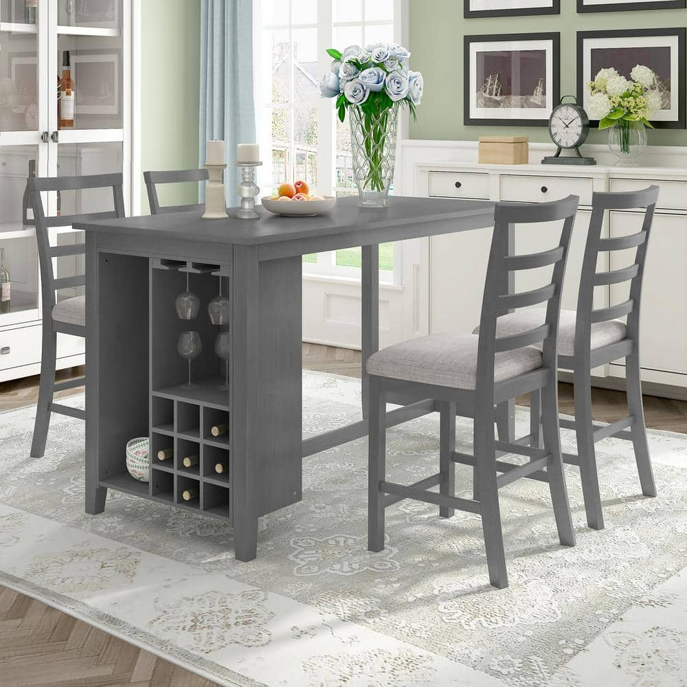 5-Piece Rectangle Gray MDF Top Counter Height Dining Table Set Seats 4 with 4 Chairs, Wine Compartment, Wineglass Holder -  Harper & Bright Designs, XW137AAE