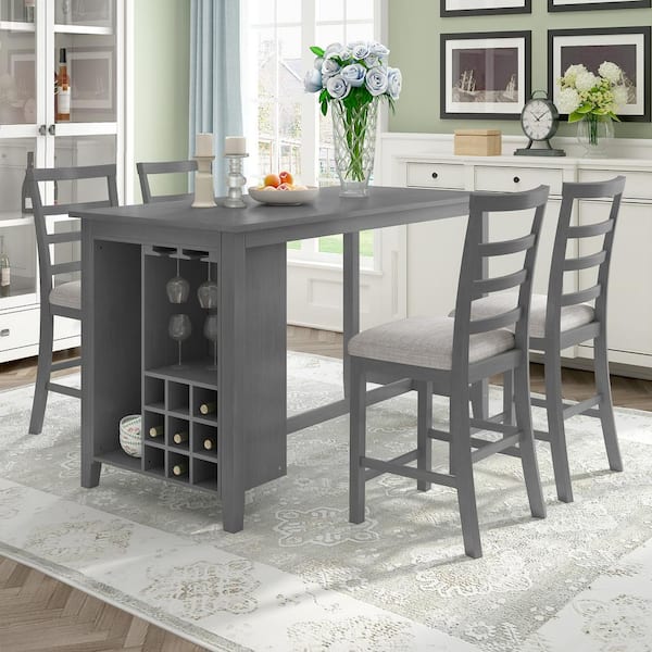 Harper Bright Designs 5 Piece Rectangle Gray MDF Top Counter Height Dining Table Set Seats 4 with 4 Chairs Wine Compartment Wineglass Holder XW137AAE The Home Depot