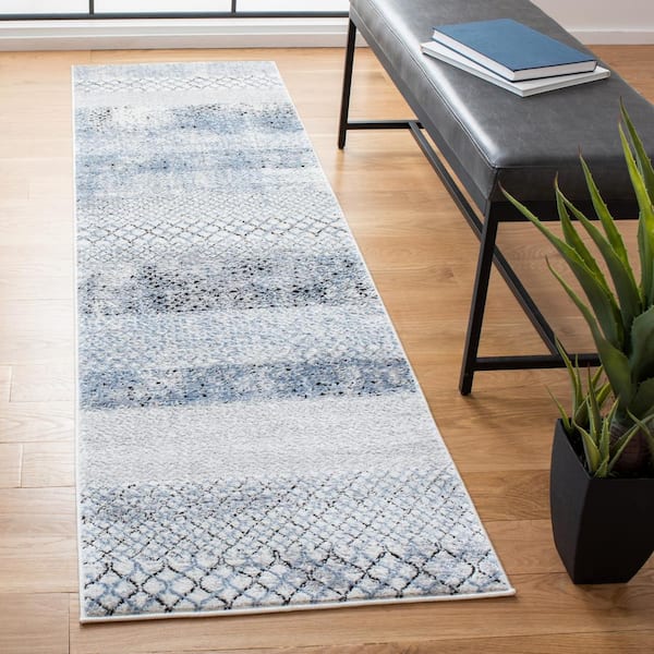 Amelia Gray/Light Blue 2 ft. x 18 ft. Geometric Distressed Runner Rug