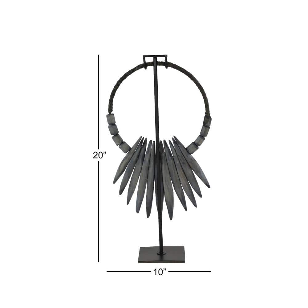 Gray Teak Wood Tribal Necklace Sculpture with Stand