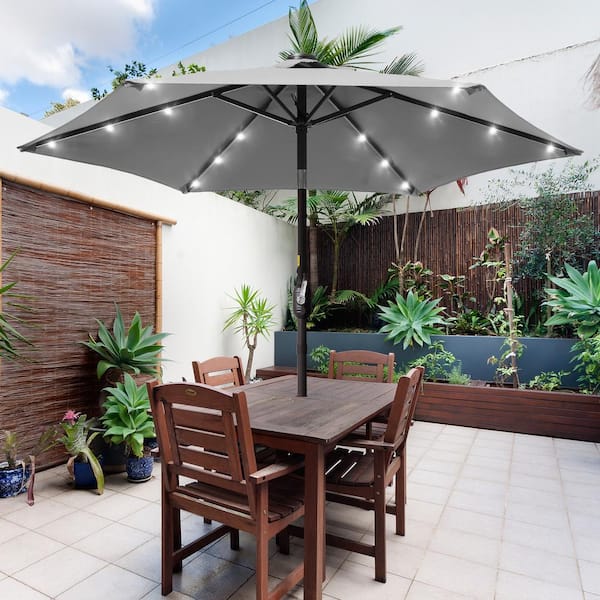 JOYESERY 7.5 ft. Solar LED Patio Umbrellas With Solar Lights and Tilt Button Market Umbrellas, Gray