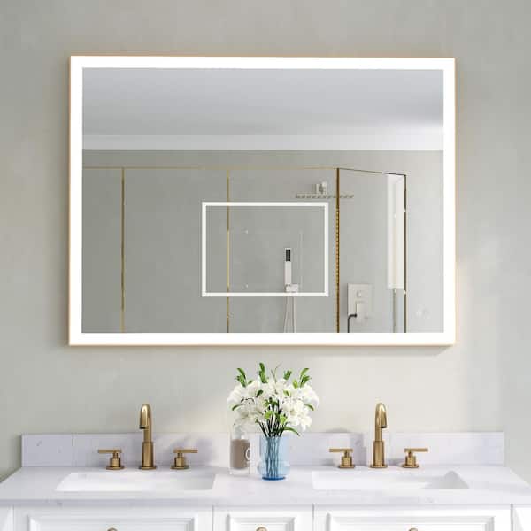 48 in. W x 36 in. H Rectangular Framed Wall LED Bathroom Vanity Mirror in Brushed Gold, Dimmable, Anti-fog, IP44