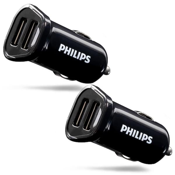 Philips 12-Watt USB Cell Phone Car Charger, 2 USB Ports, (2-Pack)