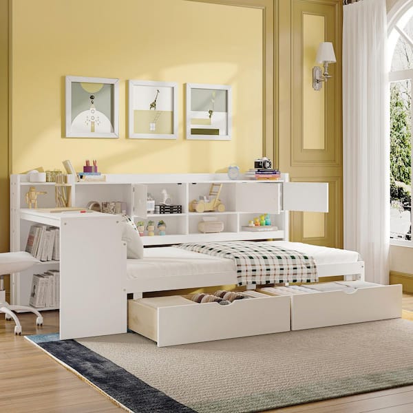White Twin Size Wooden Daybed with Study Desk, Bookshelf, 2 Storage Drawers and 7 Storage Cabinets