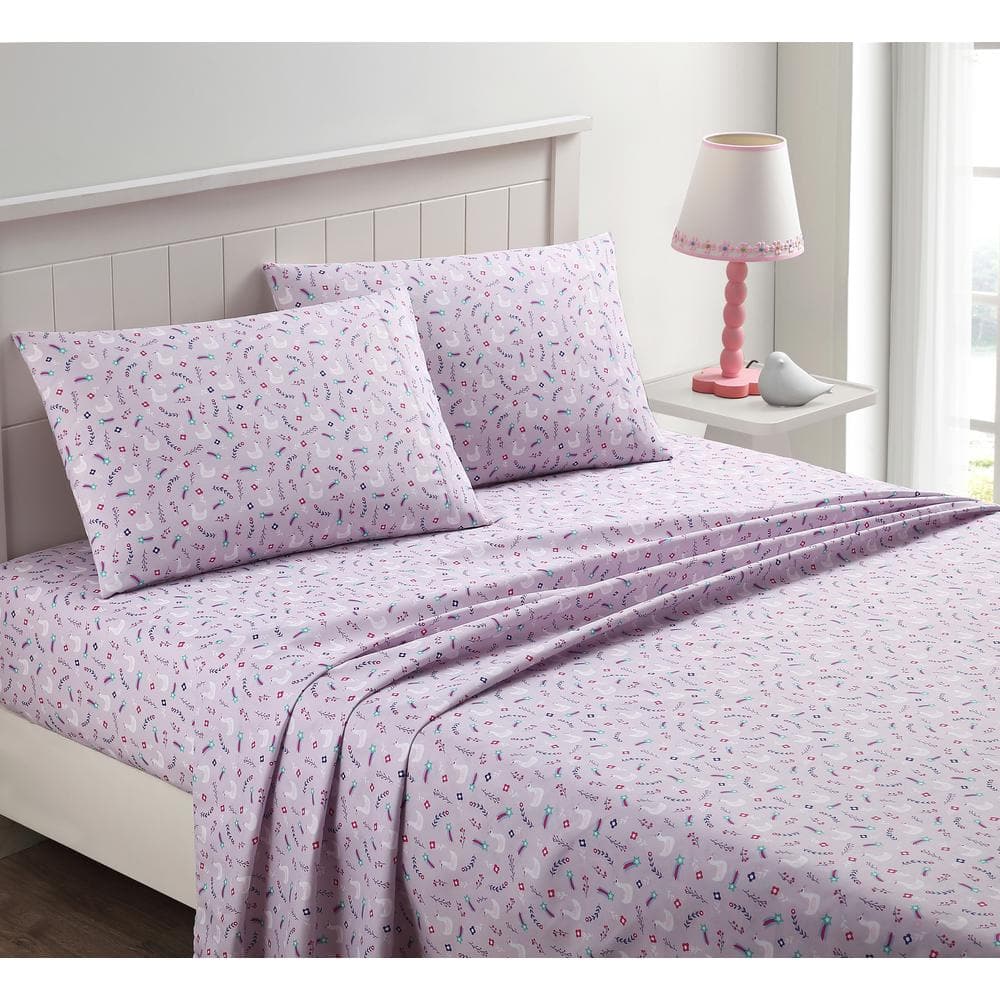 Kute Kids 4-Piece Swan Love Purple Full Sheet Set M611599 The