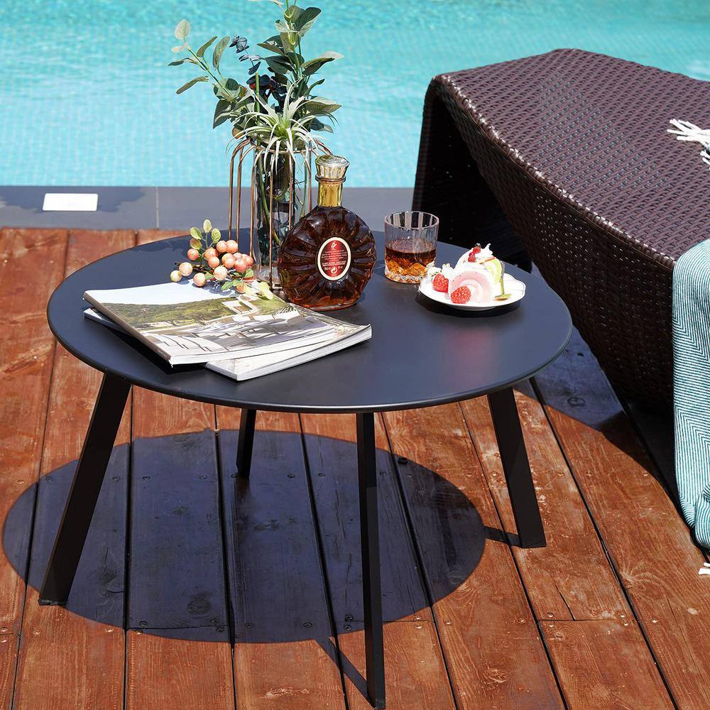 Black Round Steel Outdoor Coffee Table with Adjustable Feet