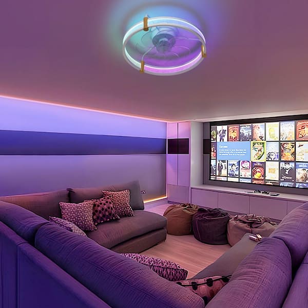 21 in. Smart LED Indoor White RGB Modern Low Profile Flush Mount Ceiling Fan with Light with Remote Control for Bedroom