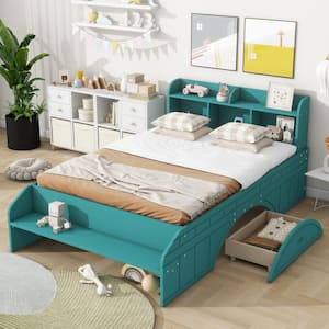 Dark Green Wood Frame Full Size Platform Bed with 2-Drawer, Storage Headboard with Shelves, Footboard with Bench