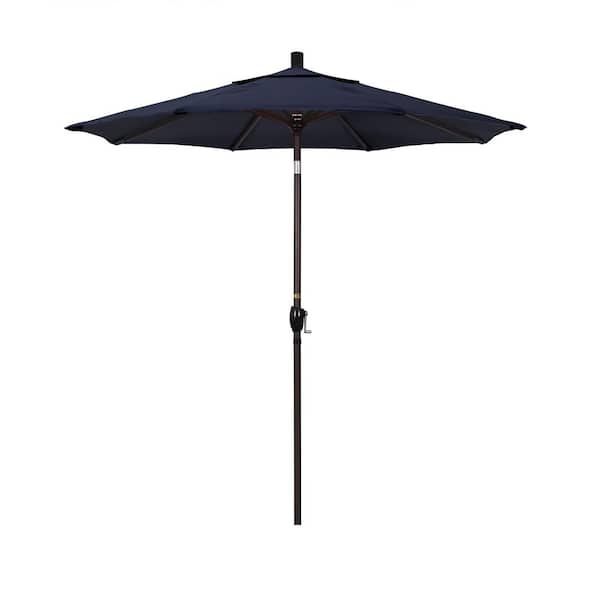 California Umbrella 7.5 ft. Bronze Aluminum Pole Market Aluminum Ribs Push Tilt Crank Lift Patio Umbrella in Navy Sunbrella