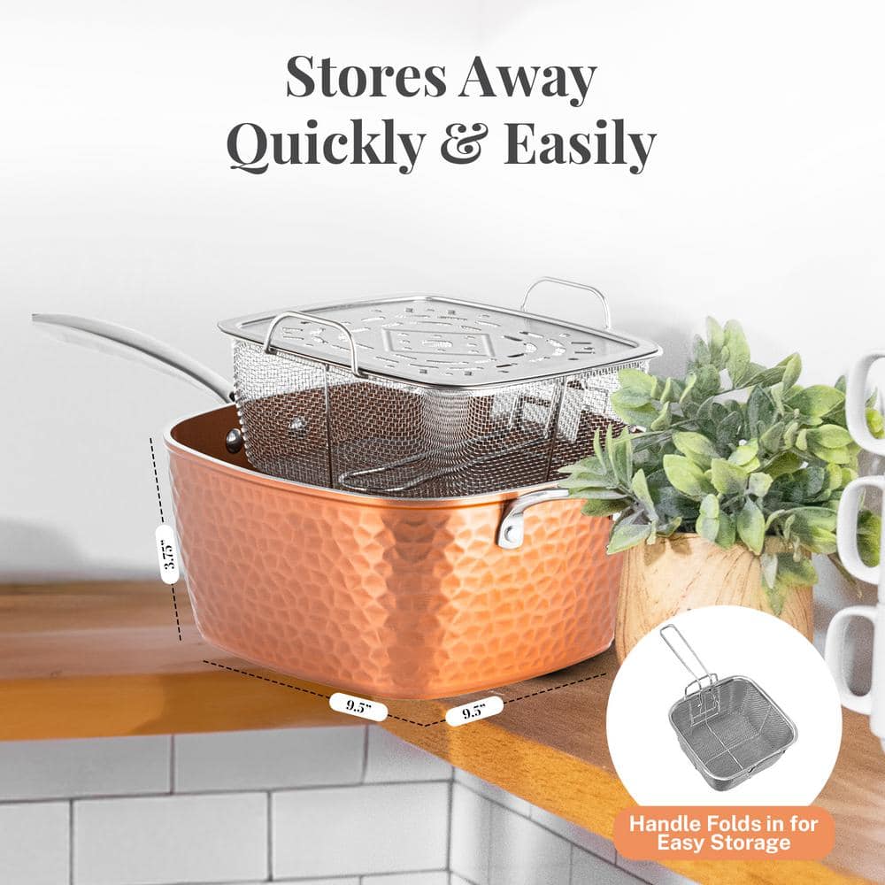 Hammered Copper 9.5-Inch Aluminum Nonstick Deep Frying Pan Set with Lid