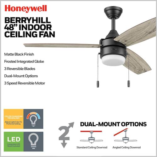 Berryhill 48 in. Color Changing LED Dual Mount Matte Black Ceiling Fan with 3 Reversible Blades and Pull Chains Honeywell Ceiling Fans With Lights