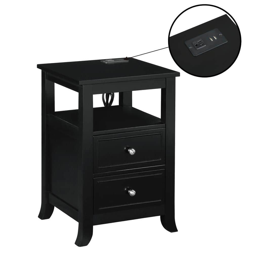 Convenience Concepts Melbourne 15.75 in. W Black Square MDF 2 Drawer End Table with Charging Station and Shelf