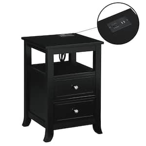 Melbourne 15.75 in. W Black Square MDF 2 Drawer End Table with Charging Station and Shelf