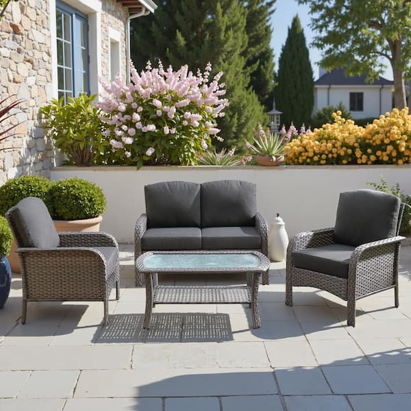 HOOOWOOO Venice Gray 4-Piece Wicker Modern Outdoor Patio Conversation Sofa Seating Set with Black Cushions