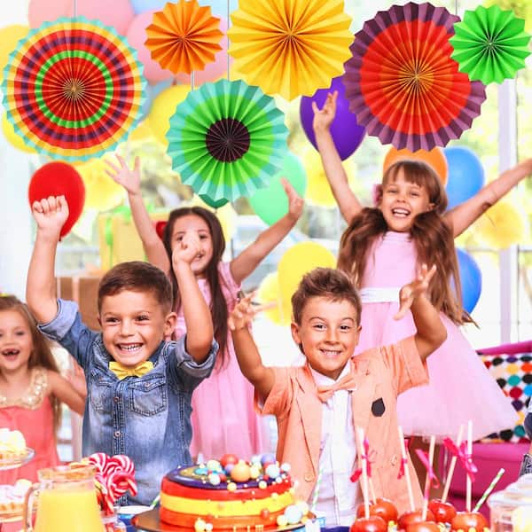 Mandala Crafts Hanging Paper Fans - 8 Pack Silver Party Decor | Wedding Graduation Birthday Decorations