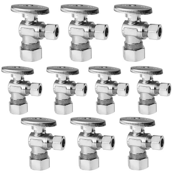 10-Piece Angle Stop Valve in Silver, 3/8 in. OD Compression Outlet Shut-off Valve for Bathroom Toilet