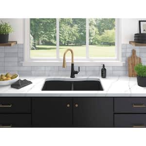 Kennon Dual Mount Neoroc Granite Composite 33 in. 1-Hole Double Bowl Kitchen Sink in Matte Black with Basin Rack